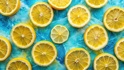 Obraz premium Vibrant Lemon Slices on Blue Watercolor Background - Fresh Citrus Photography
