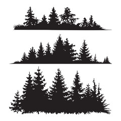 Fototapeta premium Pine tree silhouettes. Evergreen forest firs and spruces black shapes, wild nature trees templates.