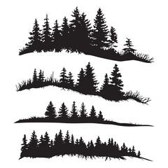 Pine tree silhouettes. Evergreen forest firs and spruces black shapes, wild nature trees templates.