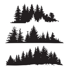 Pine tree silhouettes. Evergreen forest firs and spruces black shapes, wild nature trees templates.