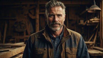 In his workshop, a craftsman poses against a wall of timber.