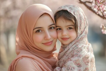 A heartwarming image of a Muslim mother and her daughter, both wearing hijabs, smiling gently.
