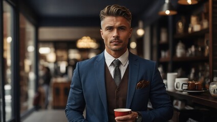 Fototapeta premium Businessman with a coffee cup stands proudly by his boutique.