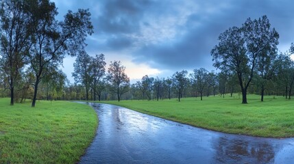 Serene Landscape with Wet Path Under Dramatic Cloudy Sky