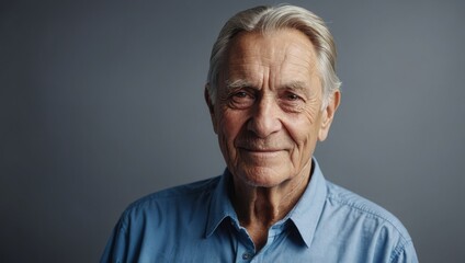 Obraz premium Senior man in blue, relaxed and friendly, looks straight ahead.