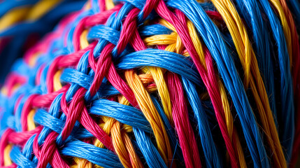 Close-up of colorful woven threads creating a vibrant pattern of blue, red, and yellow interlaced fabric strands.