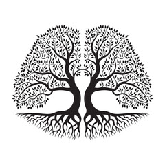 Black tree silhouette with roots and leaves.