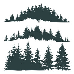 Pine tree silhouettes. Evergreen forest firs and spruces black shapes, wild nature trees templates.