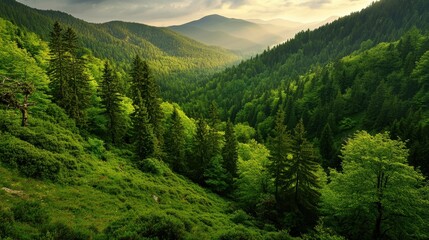 Fototapeta premium Serene Green Valley Surrounded by Lush Mountains and Dense Forests