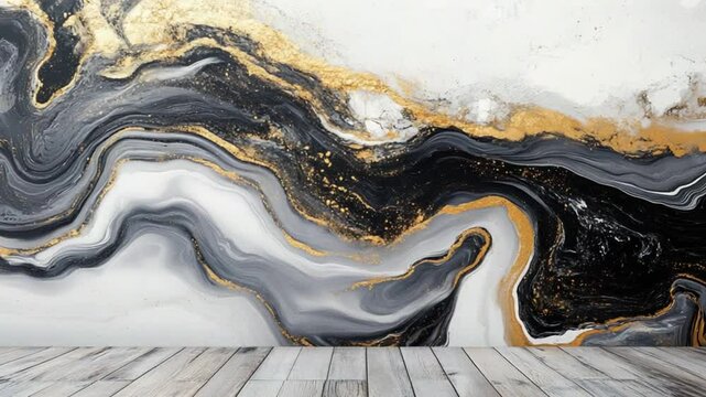 Elegant abstract wall art featuring swirling black, white, and gold patterns in a modern interior