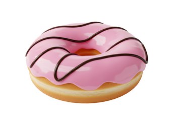 realistic donut with pink icing and rich chocolate drizzle isolated on transparent background.
