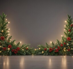 Elegant repeating Christmas border featuring intertwined coniferous greenery & twinkling lights ,  design,  juniper