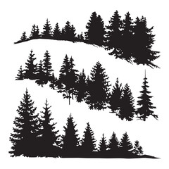 Pine tree silhouettes. Evergreen forest firs and spruces black shapes, wild nature trees templates.