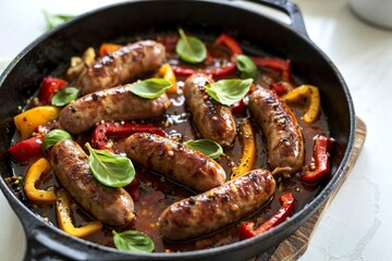 a cast iron skillet brimming with savory stewed  grilled sausages