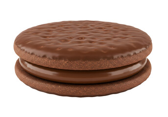 realistic chocolate-filled sandwich cookie with smooth chocolate coating isolated on transparent background.
