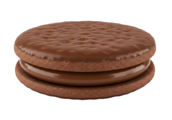realistic chocolate-filled sandwich cookie with smooth chocolate coating isolated on transparent background.
