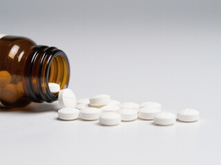 White Pills Spilled from a Bottle on a Clean Surface