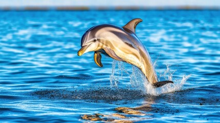 Dolphin Breaching Ocean Surface Under Bright Blue Sky