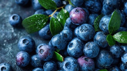 Fototapeta premium Fresh Blueberries Close-Up with Water Droplets and Green Leaves on Dark Background Overhead Shot