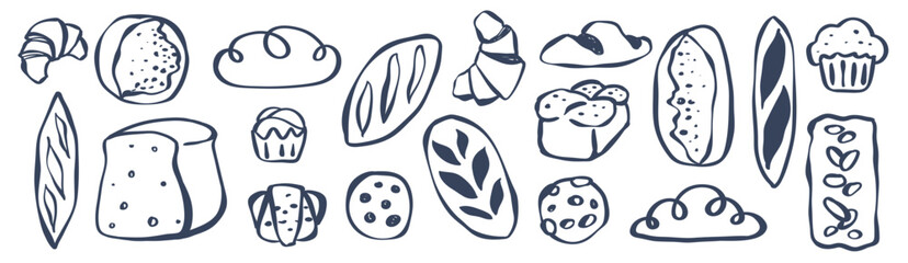 Bundles of Loaf Bread, Bread Bakery Icon, Bake and Baking , Hand Drawn Whimsical sourdough, baguette, white bread, Challah, Cookies , Pastry in SVG Vector