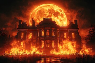 Obraz premium Infernal Mansion: A Night of Burning Grandeur Under a Crimson Moon