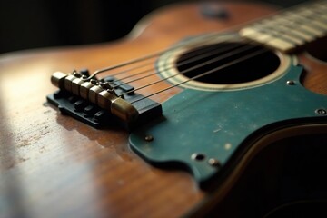 Fototapeta premium Close-up of a worn, vintage guitar with a slide, reflecting dim light , sound, instrument