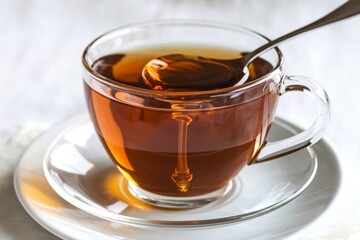 A photo of a glass cup of black tea with honey