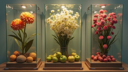 Three screen flower and fruit scenery