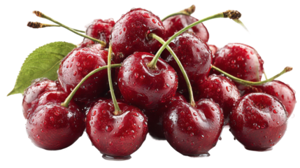 Fresh cherry harvest orchard food photography natural setting. Isolated on transparent background, png.