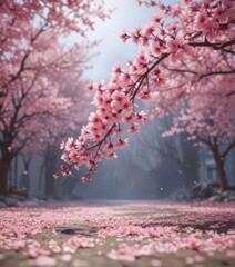 Mesmerizing pink sakura petal fall, soft focus, dreamy,  close up,  delicate,  pink background