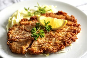 A photograph of a perfectly golden-brown Viennese veal escalope