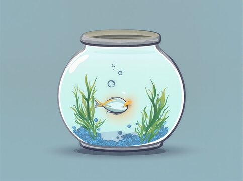  a 2D vector icon of a small aquarium or fishbowl containing a simple fish and some aquatic plants.