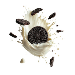 Delicious Oreo Cookies Splashing in Milk with Crumbs Flying Around, Perfect for Snack Lovers and Dessert Enthusiasts on transparent background