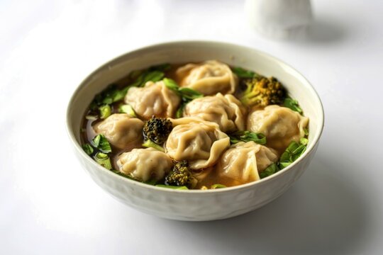 A photograph of a steaming bowl of dumpling soup