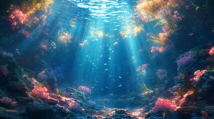Mystical underwater world with floating particles and soft blue light 
