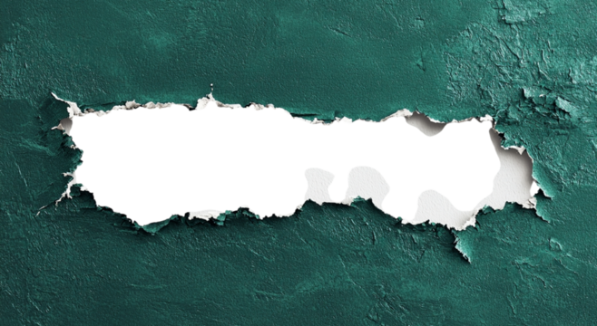 Png of A striking tear in green textured wall revealing a blank space behind, creating a dynamic visual effect.