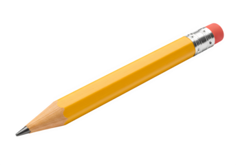 Realistic classic yellow wooden pencil with sharp graphite tip and red eraser, perfect for writing or drawing, isolated on transparent background