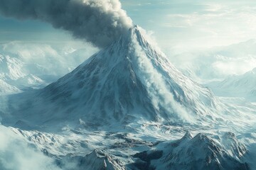 Snowy mountain range with an erupting volcano.  Vast, icy peaks are covered in snow, and a powerful plume of volcanic smoke ascends into the clear sky.  Dramatic landscape