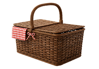realistic wicker picnic basket with red and white checkered cloth isolated on transparent background.
