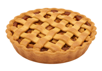 Classic apple pie with golden lattice crust and caramelized filling in realistic style isolated on transparent background.
