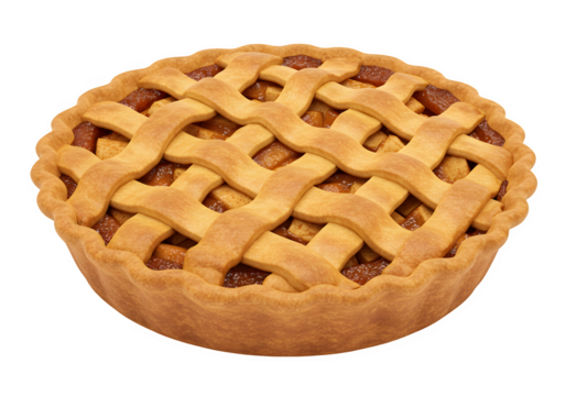 Classic apple pie with golden lattice crust and caramelized filling in realistic style isolated on transparent background.
