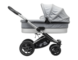 Gray Baby Stroller Design: Features & Wheels, Transparent Background