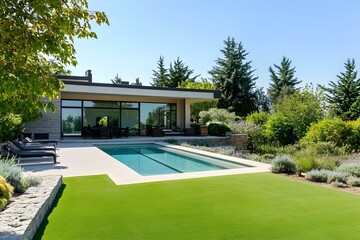 Modern Home Exterior with Pool and Landscaped Garden for a Luxurious and Serene Living Space