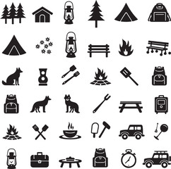 Obraz premium Cozy Tent Under Starry Sky SilhouetteCampfire Gathering Vector ArtMountain Camping Adventure SilhouetteBackpacker with Backpack SilhouetteForest Camping Scene Vector