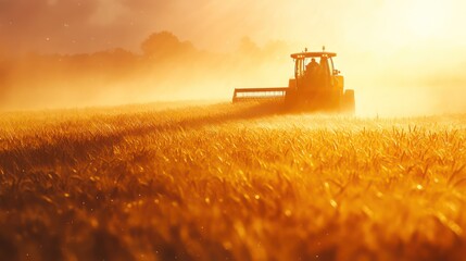 Fototapeta premium Farmer operates modern harvesting machine in golden wheat field, with sunlight shining across.