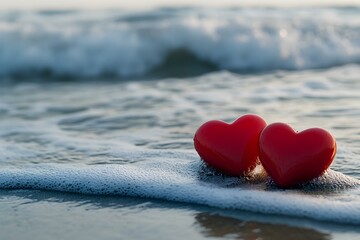 Fototapeta premium Two Red Heart Shapes Resting on the Shore Partially Submerged for a Romantic and Symbolic Scene
