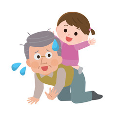 孫と遊んで疲れる高齢男性　孫疲れ　イラスト