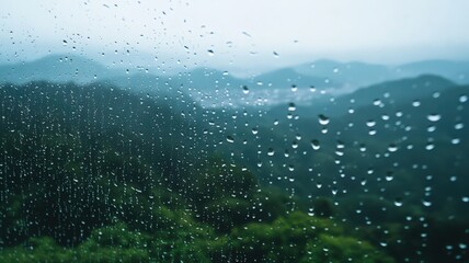 Rainy Mountain View Through Raindrops