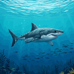 Fototapeta premium Shark Swimming Underwater with Fish and Coral Reef Illustration