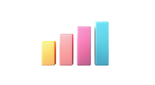 Png of Colorful bar graph illustrating growth, featuring four bars in yellow, pink, and blue, representing increasing values.